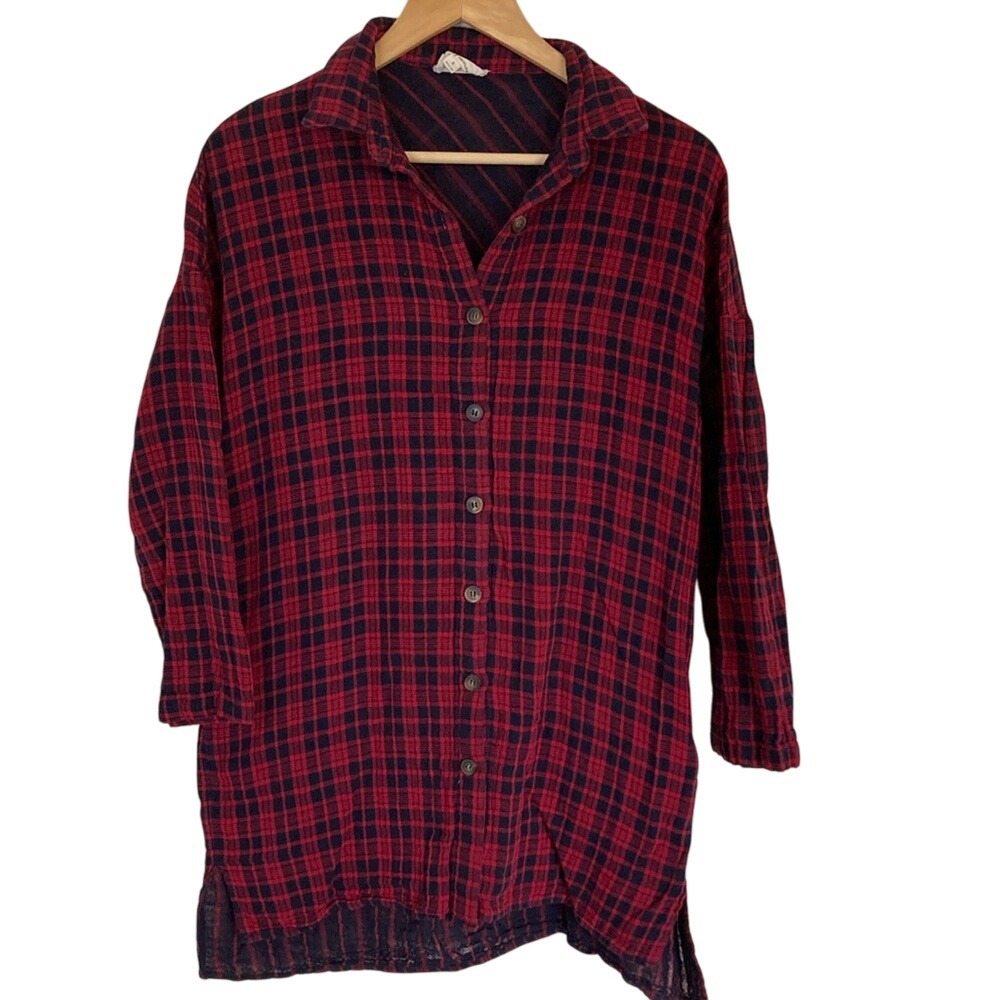 Before You Womens Red Navy Plaid Button-Up Shirt Size Small Cotton‎ Nautical